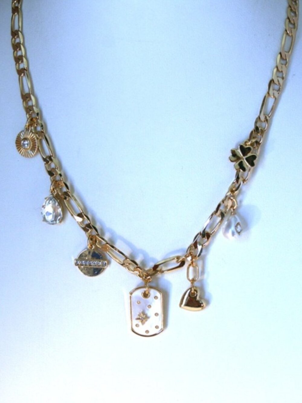 ON 34th Gold Disc, Dog Tag, Heart, Lucky Clover, Pearl, Teardrop Charms Necklace